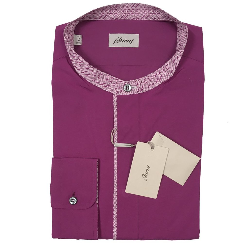 NEW $695 Brioni Fine Cotton Shirt!  Pinkish Purple  Band Collar  Intricate Trim